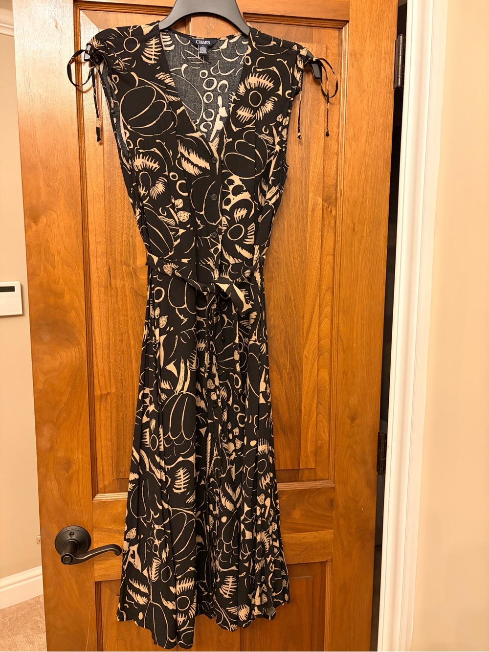 Chaps Black and Cream Floral Midi Dress with Tie Waist